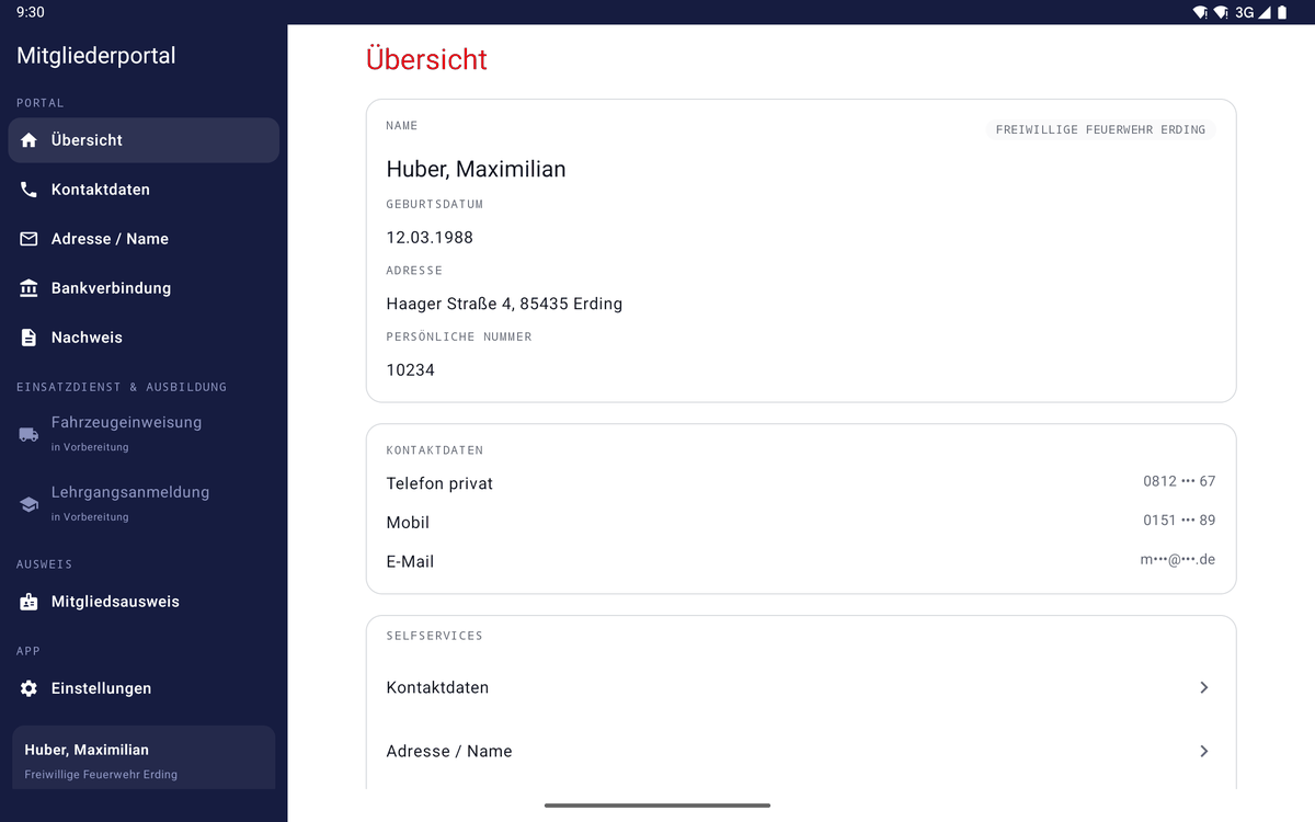 Die App auf einem Android-Tablet mit fester Navigation links